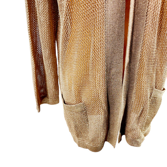 Chicos 1 M Womens Metallic Mesh Cardigan Sweater Gold Open Front Pockets Holiday - Picture 8 of 10